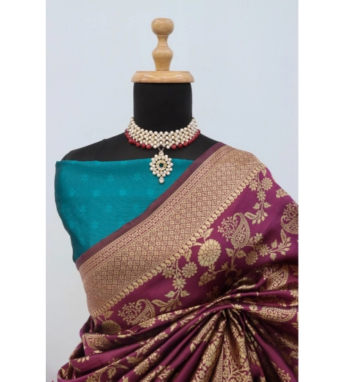 Generic Women's Banarasi Printed Saree With Unstitched Blouse 5.5Mtr (Purple)
