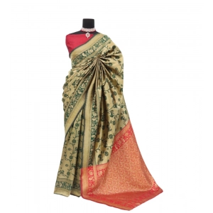 Generic Women's Banarasi Printed Saree With Unstitched Blouse 5.5Mtr (Golden)