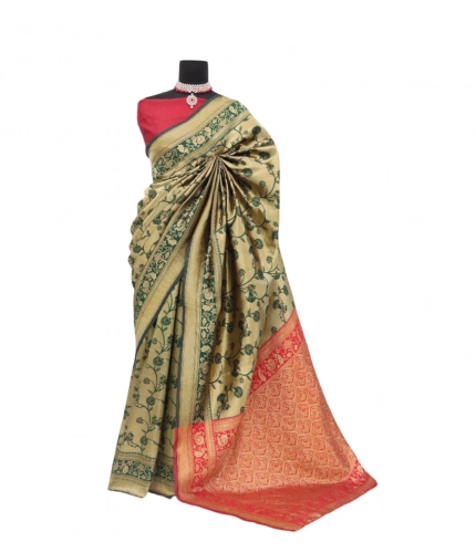 Generic Women's Banarasi Printed Saree With Unstitched Blouse 5.5Mtr (Golden)