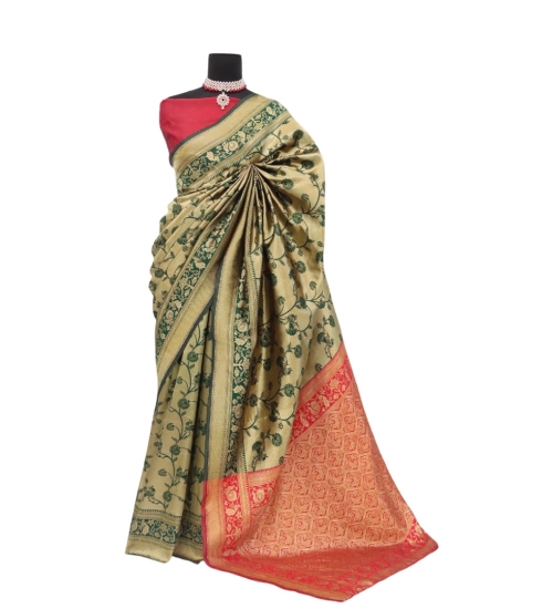 Generic Women's Banarasi Printed Saree With Unstitched Blouse 5.5Mtr (Golden)