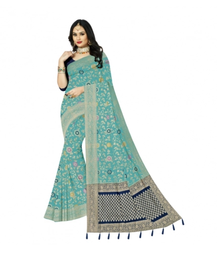 Generic Women's Banarasi Printed Saree With Unstitched Blouse 5.5Mtr (Firozi)
