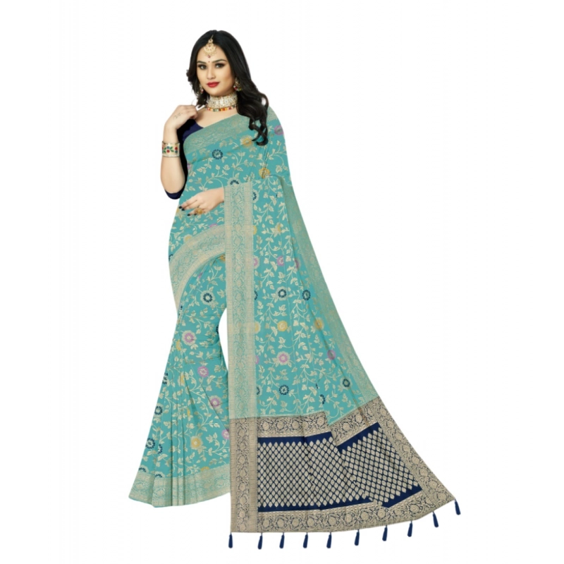 Women's Banarasi Printed Saree With Unstitched Blouse 5.5Mtr (Firozi)