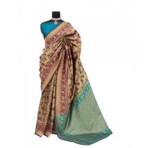 Generic Women's Banarasi Printed Saree With Unstitched Blouse 5.5Mtr (Golden)