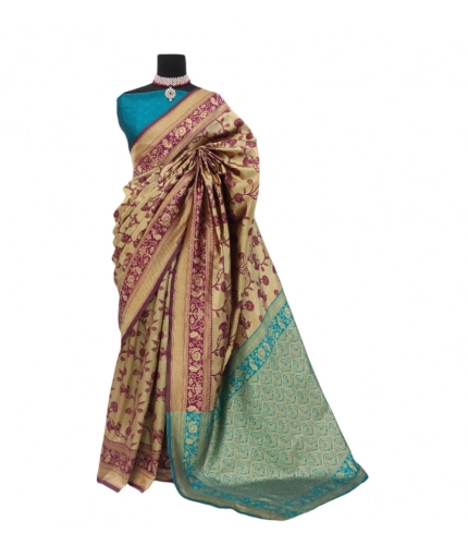 Generic Women's Banarasi Printed Saree With Unstitched Blouse 5.5Mtr (Golden)