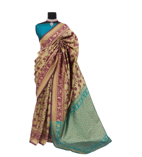 Generic Women's Banarasi Printed Saree With Unstitched Blouse 5.5Mtr (Golden)