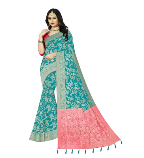 Generic Women's Banarasi Printed Saree With Unstitched Blouse 5.5Mtr (Rama)