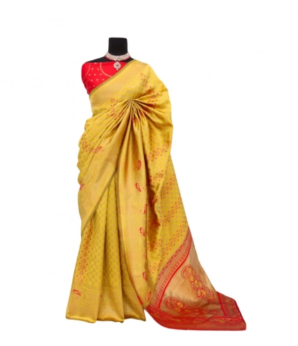 Generic Women's Banarasi Printed Saree With Unstitched Blouse 5.5Mtr (Yellow)