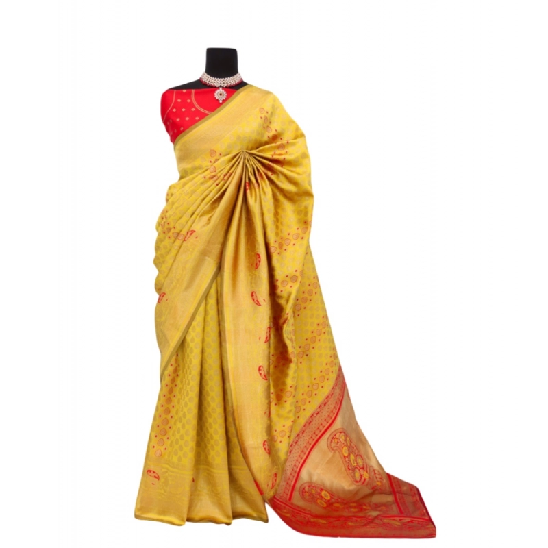 Women's Banarasi Printed Saree With Unstitched Blouse 5.5Mtr (Yellow)