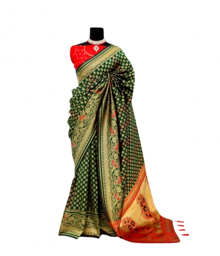 Generic Women's Banarasi Printed Saree With Unstitched Blouse 5.5Mtr (Green)