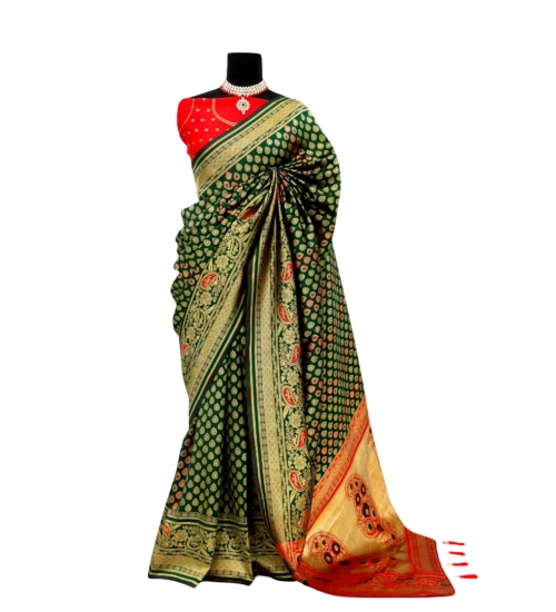 Generic Women's Banarasi Printed Saree With Unstitched Blouse 5.5Mtr (Green)