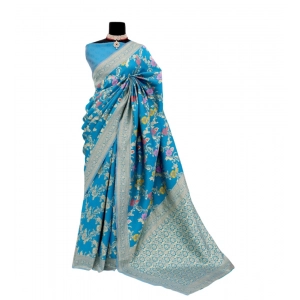 Generic Women's Banarasi Printed Saree With Unstitched Blouse 5.5Mtr (Aqua Blue)