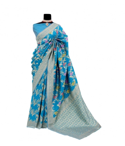 Generic Women's Banarasi Printed Saree With Unstitched Blouse 5.5Mtr (Aqua Blue)