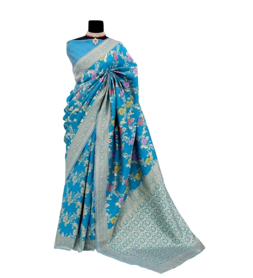 Generic Women's Banarasi Printed Saree With Unstitched Blouse 5.5Mtr (Aqua Blue)