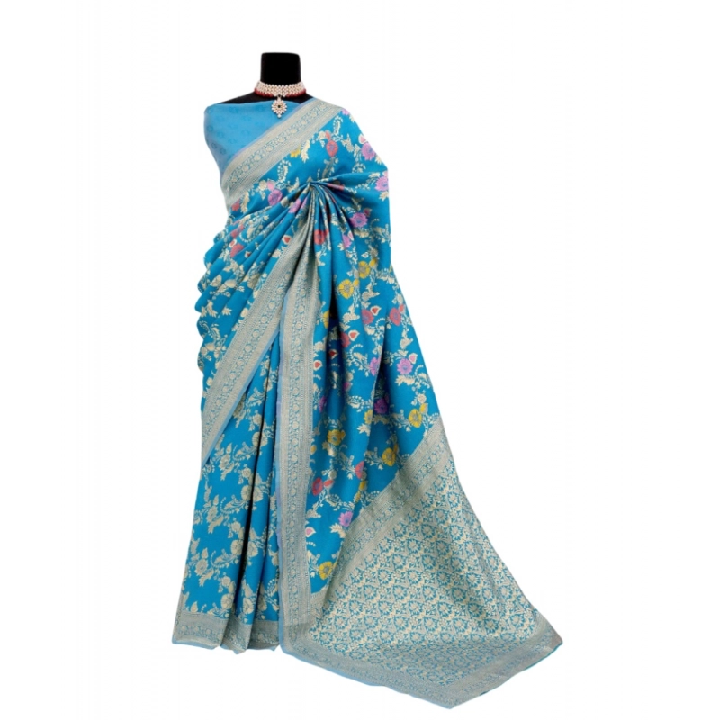 Women's Banarasi Printed Saree With Unstitched Blouse 5.5Mtr (Aqua Blue)