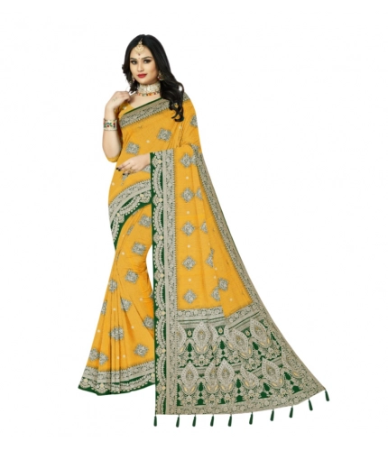 Generic Women's Cotton Printed Saree With Unstitched Blouse 5.5Mtr (Yellow)