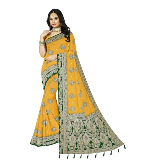 Generic Women's Cotton Printed Saree With Unstitched Blouse 5.5Mtr (Yellow)