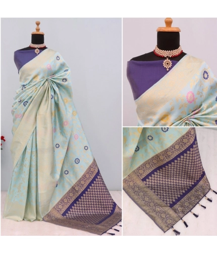 Generic Women's Banarasi Printed Saree With Unstitched Blouse 5.5Mtr (Firozi)