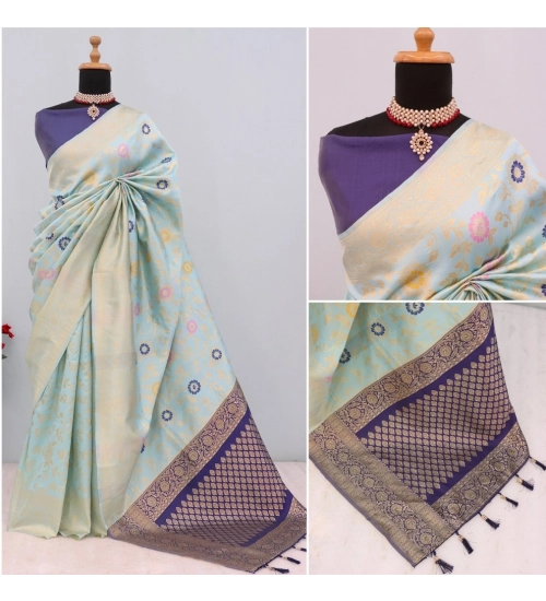 Generic Women's Banarasi Printed Saree With Unstitched Blouse 5.5Mtr (Firozi)