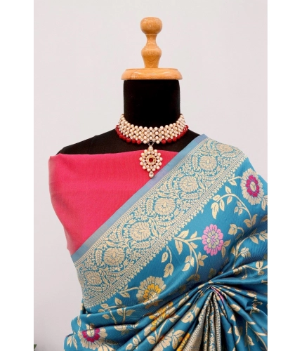 Generic Women's Banarasi Printed Saree With Unstitched Blouse 5.5Mtr (Aqua Blue)