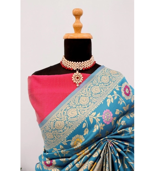 Generic Women's Banarasi Printed Saree With Unstitched Blouse 5.5Mtr (Aqua Blue)
