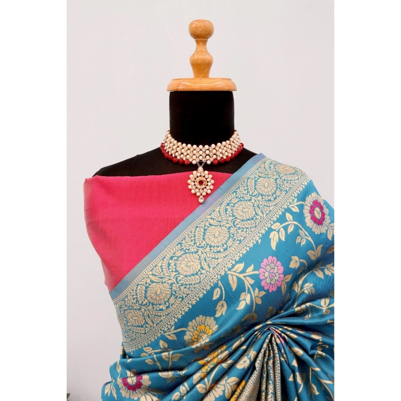 Women's Banarasi Printed Saree With Unstitched Blouse 5.5Mtr (Aqua Blue) Women's Banarasi Printed Saree With Unstitched Blouse 5.5Mtr (Aqua Blue)