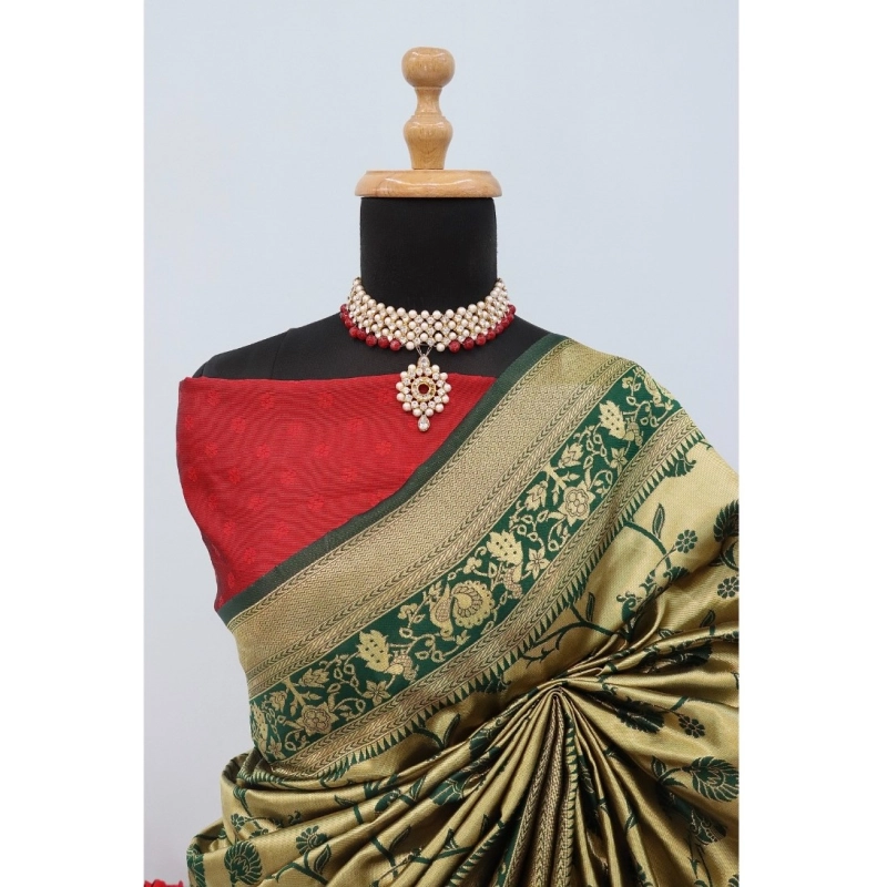 Women's Banarasi Printed Saree With Unstitched Blouse 5.5Mtr (Goldan)