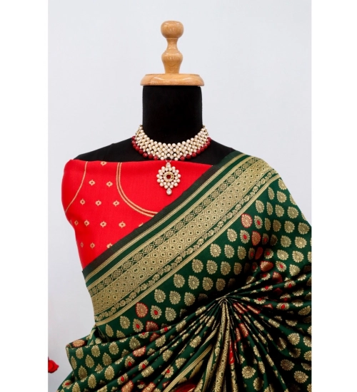 Generic Women's Banarasi Printed Saree With Unstitched Blouse 5.5Mtr (Green)