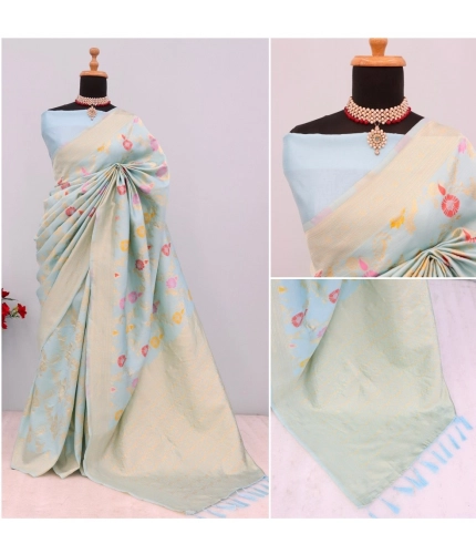 Generic Women's Banarasi Printed Saree With Unstitched Blouse 5.5Mtr (Firozi)