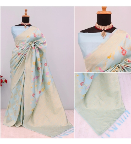Generic Women's Banarasi Printed Saree With Unstitched Blouse 5.5Mtr (Firozi)