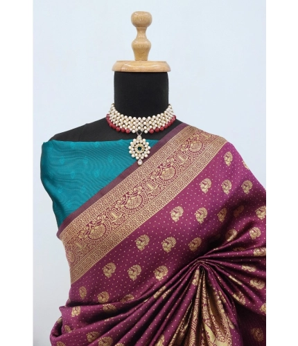Generic Women's Banarasi Printed Saree With Unstitched Blouse 5.5Mtr (Purple)