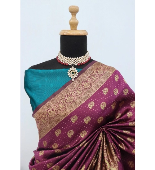 Generic Women's Banarasi Printed Saree With Unstitched Blouse 5.5Mtr (Purple)