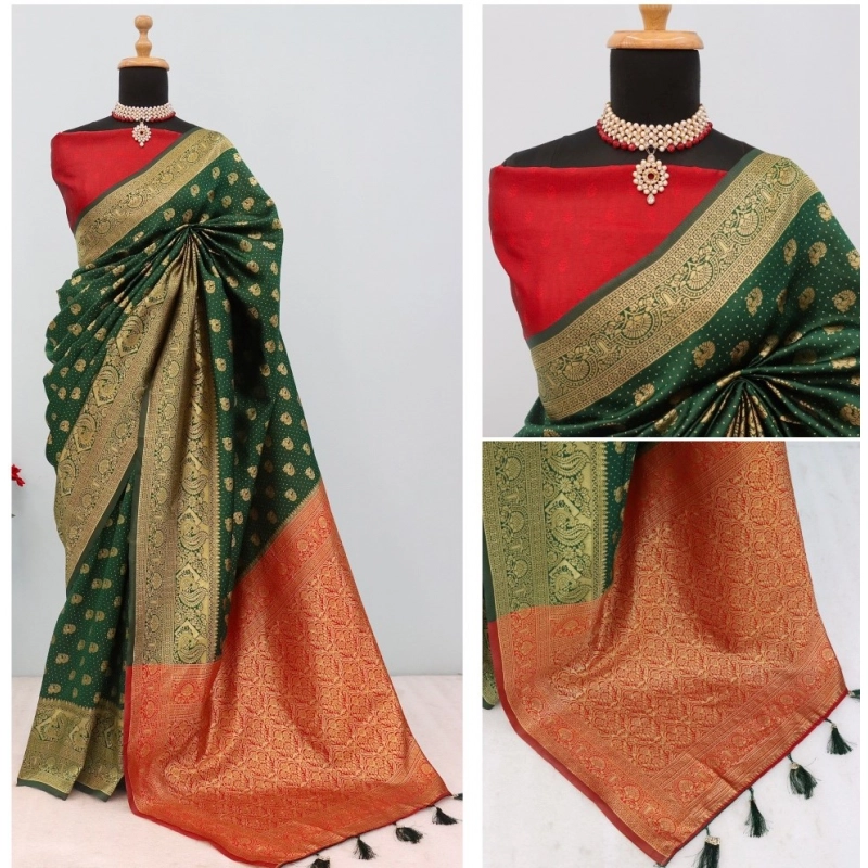 Women's Banarasi Printed Saree With Unstitched Blouse 5.5Mtr (Green)