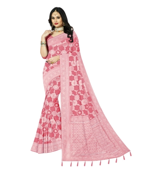 Generic Women's Cotton Printed Saree With Unstitched Blouse 5.5Mtr (Peach)