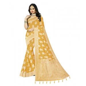 Generic Women's Cotton Printed Saree With Unstitched Blouse 5.5Mtr (Yellow)
