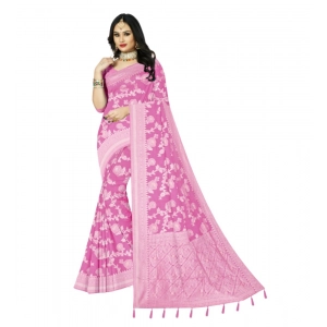 Generic Women's Cotton Printed Saree With Unstitched Blouse 5.5Mtr (Pink)