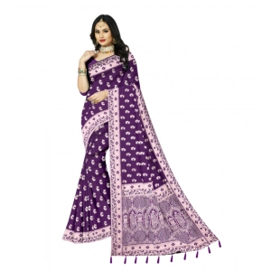 Generic Women's Satin Printed Saree With Unstitched Blouse 5.5Mtr (Purple)