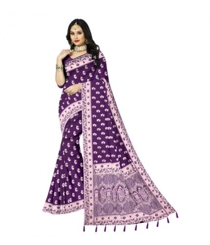 Generic Women's Satin Printed Saree With Unstitched Blouse 5.5Mtr (Purple)