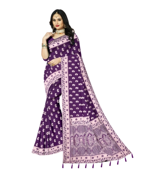Generic Women's Satin Printed Saree With Unstitched Blouse 5.5Mtr (Purple)