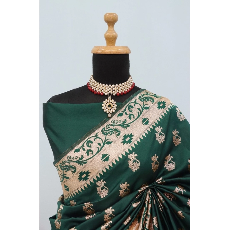 Women's Satin Printed Saree With Unstitched Blouse 5.5Mtr (Green)