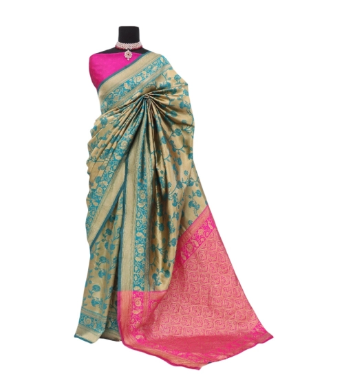 Generic Women's Banarasi Printed Saree With Unstitched Blouse 5.5Mtr (Golden)