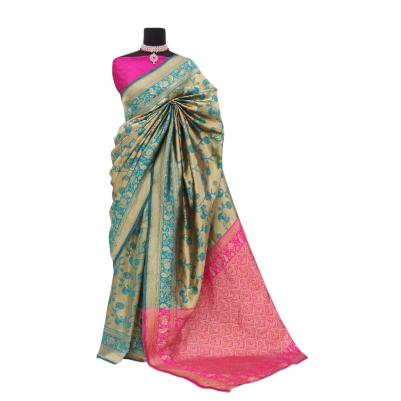 Women's Banarasi Printed Saree With Unstitched Blouse 5.5Mtr (Goldan)
