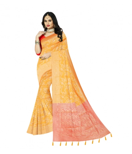 Generic Women's Banarasi Printed Saree With Unstitched Blouse 5.5Mtr (Yellow)