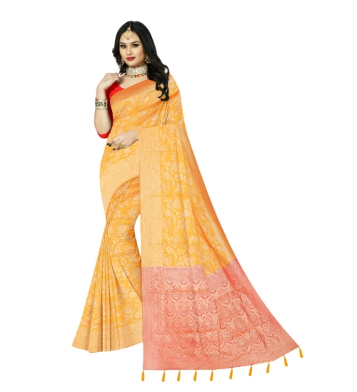 Generic Women's Banarasi Printed Saree With Unstitched Blouse 5.5Mtr (Yellow)