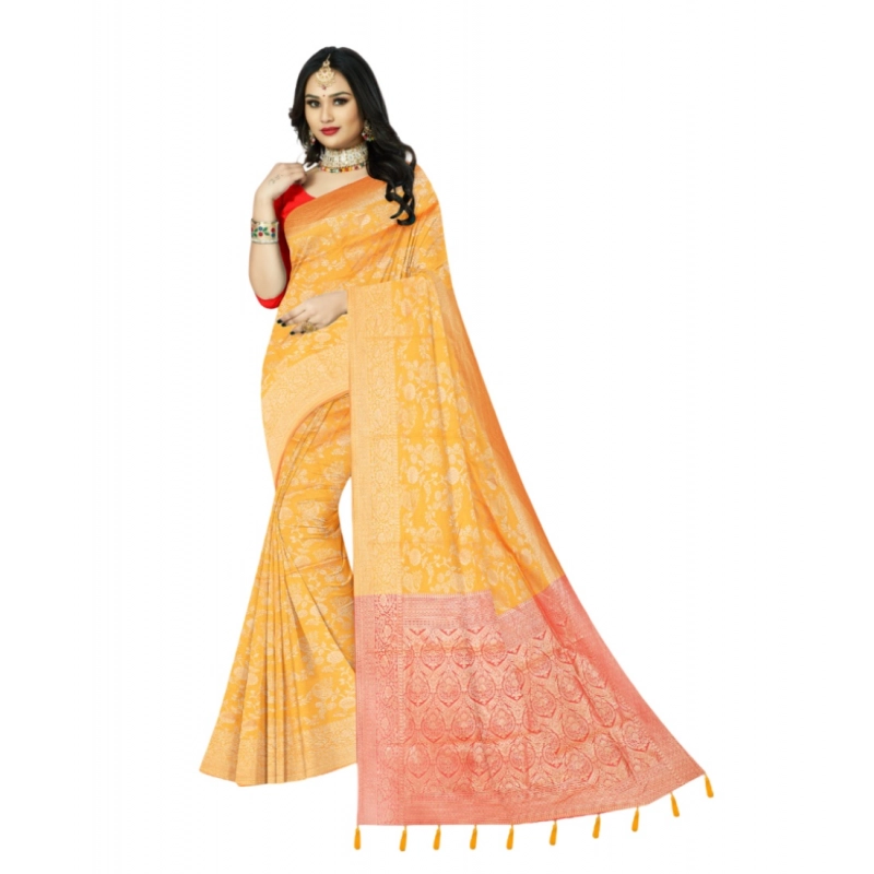 Women's Banarasi Printed Saree With Unstitched Blouse 5.5Mtr (Yellow)