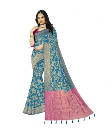 Generic Women's Banarasi Printed Saree With Unstitched Blouse 5.5Mtr (Aqua Blue)