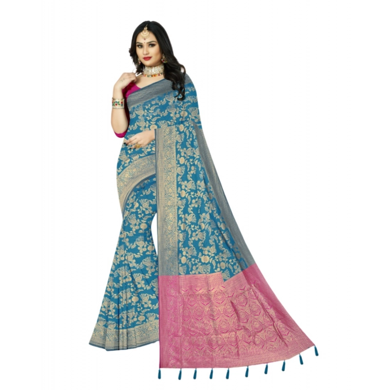 Women's Banarasi Printed Saree With Unstitched Blouse 5.5Mtr (Aqua Blue)