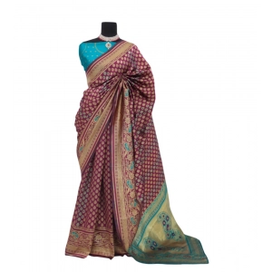 Generic Women's Banarasi Printed Saree With Unstitched Blouse 5.5Mtr (Purple)