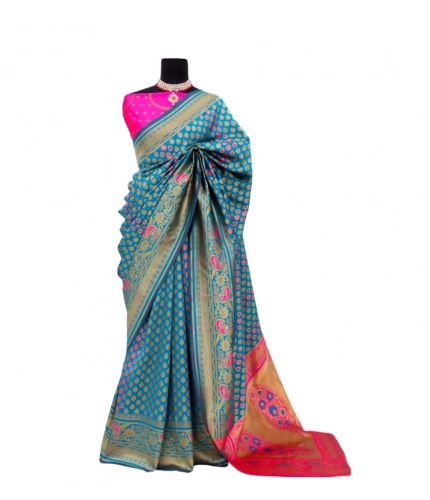 Generic Women's Banarasi Printed Saree With Unstitched Blouse 5.5Mtr (Aqua Blue)