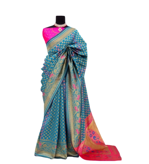 Generic Women's Banarasi Printed Saree With Unstitched Blouse 5.5Mtr (Aqua Blue)