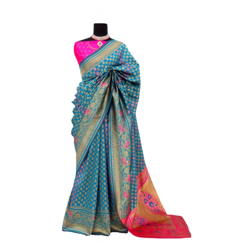 Women's Banarasi Printed Saree With Unstitched Blouse 5.5Mtr (Aqua Blue)